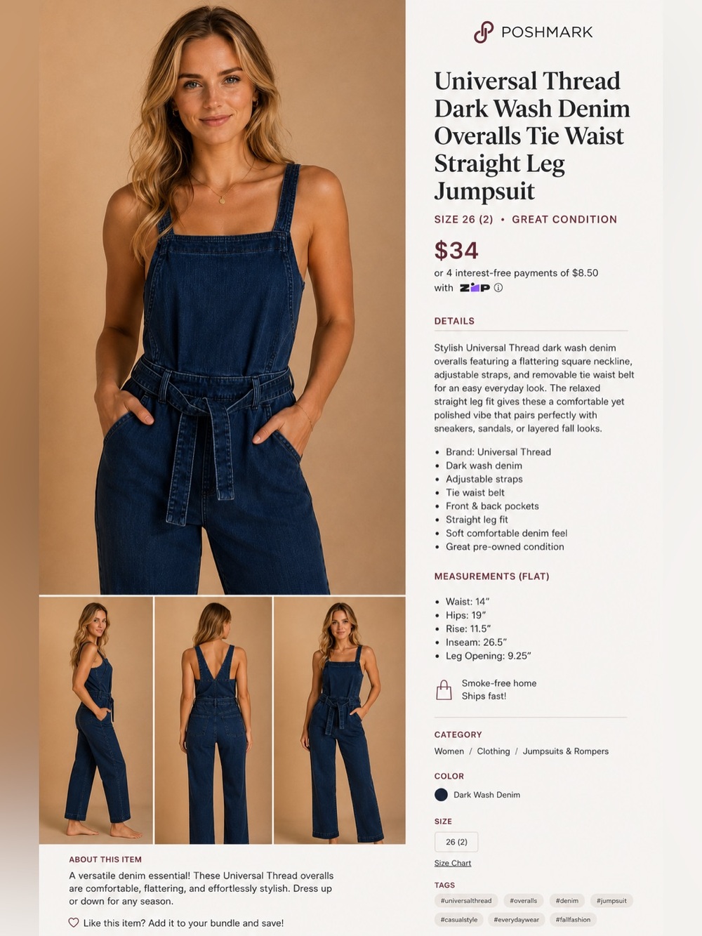 Universal Thread Dark Wash Denim Overalls Tie Waist Straight Leg Jumpsuit